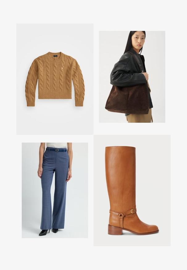 Hnědý svetr z pleteniny s kulatým výstřihem, žebrovanými manžetami a spodním lemem, s malým logem na prsou, vyrobený z texturované tkaniny.; Lauren Ralph Lauren COTTON BLEND RIB KNIT PUFF SLEEVE TEE - Jednoduché tričko - refined navy; Modré kárované kalhoty s přiléhavým střihem, vysokým pasem a rozšířenými nohavicemi. Obsahují odpovídající pásek a mají hladkou, strukturovanou texturu.; Vysoké hnědé kožené boty s hladkým povrchem, které mají postranní přezkový pásek a vrstvovaný podpatek. Svršek je čistého, nezdobeného designu.; Hnědá semišová taška přes rameno s širokým tvarem a měkkou texturou, s jedním popruhem a minimálním kovovým doplňkem na neutrálním pozadí.