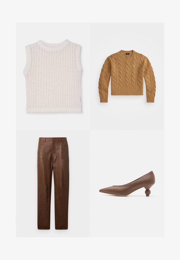 Bruine kabelgebreide trui met een ronde halslijn, ribgebreide manchetten en zoom, voorzien van een klein logo op de borst, gemaakt van gestructureerde stof.; Mouwloos wit topje met een geribbelde textuur, voorzien van een ronde halslijn en een open breiontwerp. Eenvoudige en casual silhoutte.; Witte lange mouwen button-up blouse van katoen. Bevat een klassieke kraag, zeven knopen en een subtiele logo geborduurd op de borst.; Bruine leren broek met een gladde textuur, rechte pijpen en twee zijzakken. Bevat zichtbare stikdetails.; Bruine leren pump met spitse neus en een unieke afgeronde balhak. Soepele textuur, strakke ontwerp en minimalistische details.