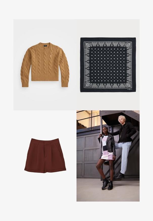 Maglione marrone a costine con scollo rotondo, polsini e orlo a coste, caratterizzato da un piccolo logo sul petto, realizzato in tessuto testurizzato.; Pantaloni corti bordeaux realizzati in un tessuto liscio, con design classico, frontale piatto, tasche laterali e orlo arrotolato.; Due modelli posano su una scala metallica. Uno indossa una giacca di pelle nera sopra un abito a righe multicolori e stivaletti neri. L'altro indossa una giacca nera, jeans chiari e stivali neri.; Bandana blu navy con motivi a paisley e a pois bianchi, bordato con dettagli intricati bianchi. Tessuto morbido con forma quadrata.