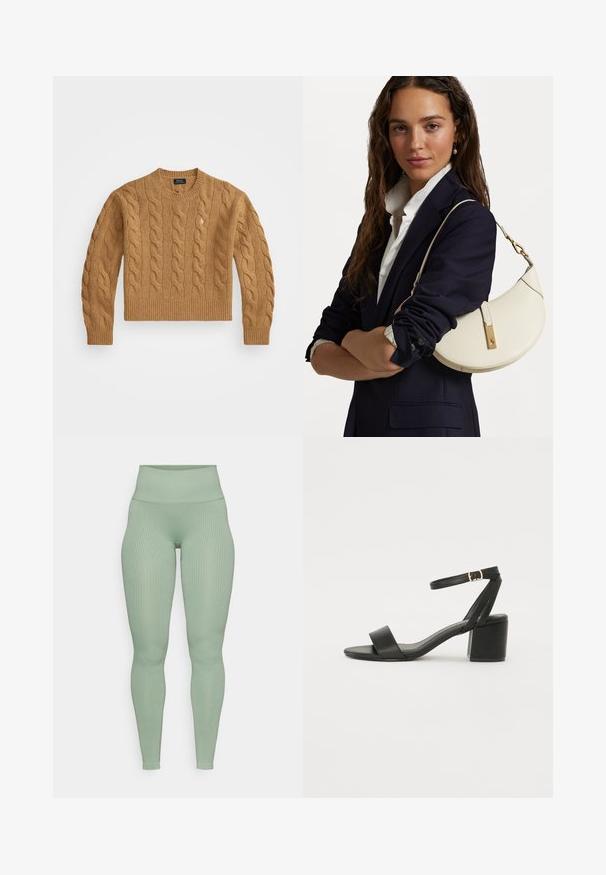 Hnědý svetr z pleteniny s kulatým výstřihem, žebrovanými manžetami a spodním lemem, s malým logem na prsou, vyrobený z texturované tkaniny.; Žebrované legíny s vysokým pasem v měkké šalvějově zelené barvě. Vyrobené z elastického materiálu s těsným střihem pro větší pohodlí.; Černé sandály na vysokém podpatku s hladkým koženým svrškem, otevřenou špičkou, širokými předními pásky a nastavitelným páskem kolem kotníku se zlatou přezkou.; Bílá kožená kabelka zakřiveného tvaru, se zlatými doplňky a texturovaným povrchem, nošená přes tmavý blazer a bílou košili.