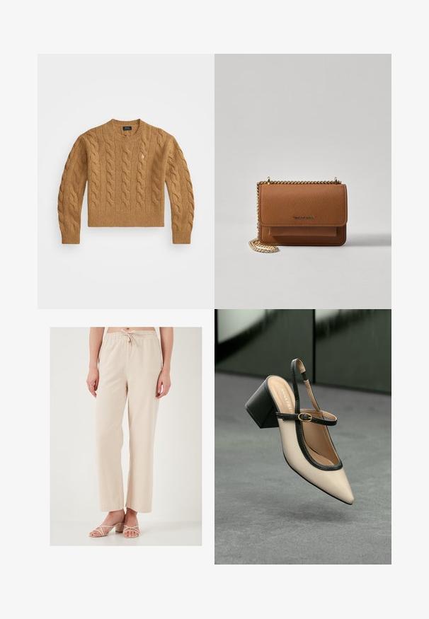 Suéter marrón de punto trenzado con cuello redondo, puños y dobladillo acanalados, con un pequeño logo en el pecho, hecho de tela texturizada.; Pantalones beige de corte relajado con cintura elástica y cordón. Textura suave; diseño de pierna ancha. Combinados con sandalias de color claro con tiras.; Zapato slingback de punta beige con ribete negro, hebilla dorada y un tacón cuadrado grueso sobre un suelo gris con fondo verde oscuro.; Bolso crossbody de cuero texturizado marrón con correa de cadena dorada y cierre de solapa. La parte frontal presenta un detalle de logo y un bolsillo debajo de la solapa.