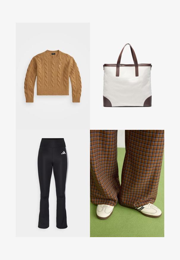 Barna fonott kötésű pulóver kerek nyakkivágással, bordázott mandzsettákkal és aljjal, a mellkasán egy kis logóval, texturált anyagból készült.; Fekete sportnadrág magas derékkal, harangszárú fazonnal és fehér oldalsávokkal. Az Adidas logója a bal combon található.; Barna és kék kockás, bőrt lábú nadrág, fehér cipővel, fekete részletekkel és texturált talppal, zöld háttér előtt.; Fehér vászontáska barna bőr betétekkel. Két erős fogantyúval és megerősített aljjal rendelkezik. Tiszta, minimalista dizájn.