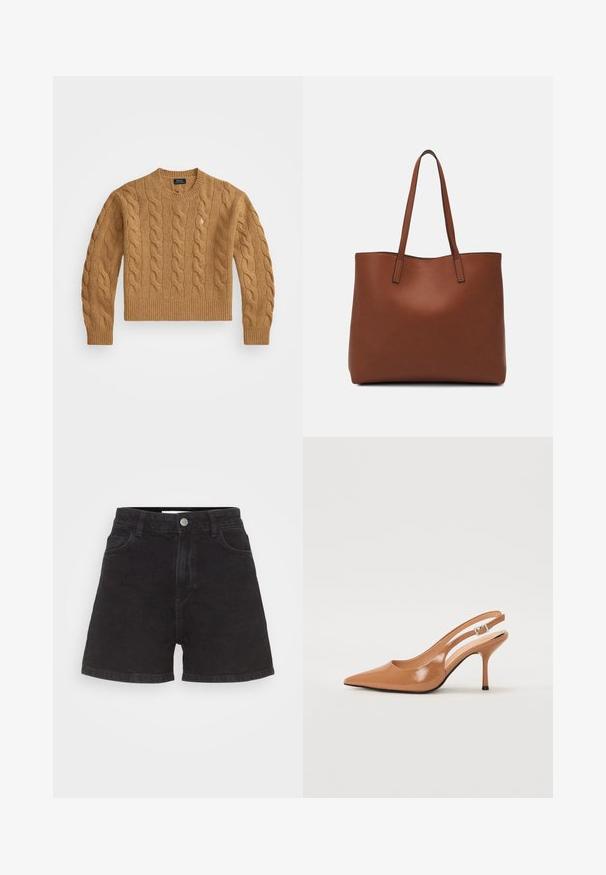Brūns adīts džemperis ar apaļu kakla izgriezumu, ribotām aprocēm un apakšmalu, ar nelielu logo uz krūtīm, izgatavots no struktūrētas auduma.; Melni denima šorti ar augstu jostasvietu, piecām kabatām un priekšējo pogu aizdari. Piedāvā vienkāršu un bez rotājumiem dizainu.; Izteikts pirksta siksnas zābaks, izgatavots no gludas, spīdīgas brūnas materiāla. Piedāvā izliekta izgriezuma dizainu un smalku stiletto papēdi. Sudraba sprādze.; Brūna ādas iepirkumu soma ar gludu tekstūru, atvērta augšdaļa un divas plecu siksnas. Izceļas ar minimālām šuvēm un redzamu aparatūru nav.