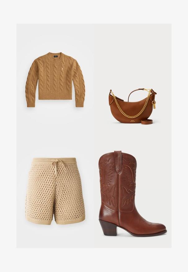 Bruine kabelgebreide trui met een ronde halslijn, ribgebreide manchetten en zoom, voorzien van een klein logo op de borst, gemaakt van gestructureerde stof.; Beige gehaakte shorts met een ingewikkeld ruitpatroon, een trekkoord in de taille en ribgebreide randen. Lichtgewicht en ademend materiaal.; Bruine leren cowboylaars met een spitse neus, gegraveerd westerse ontwerp en een gestapelde hak. Bevat stiksels en een gladde textuur.; Bruine leren handtas met een gebogen ontwerp, gouden schouderband, binnenzak en een afneembare schouderband. Heeft contrasterende stiksels.