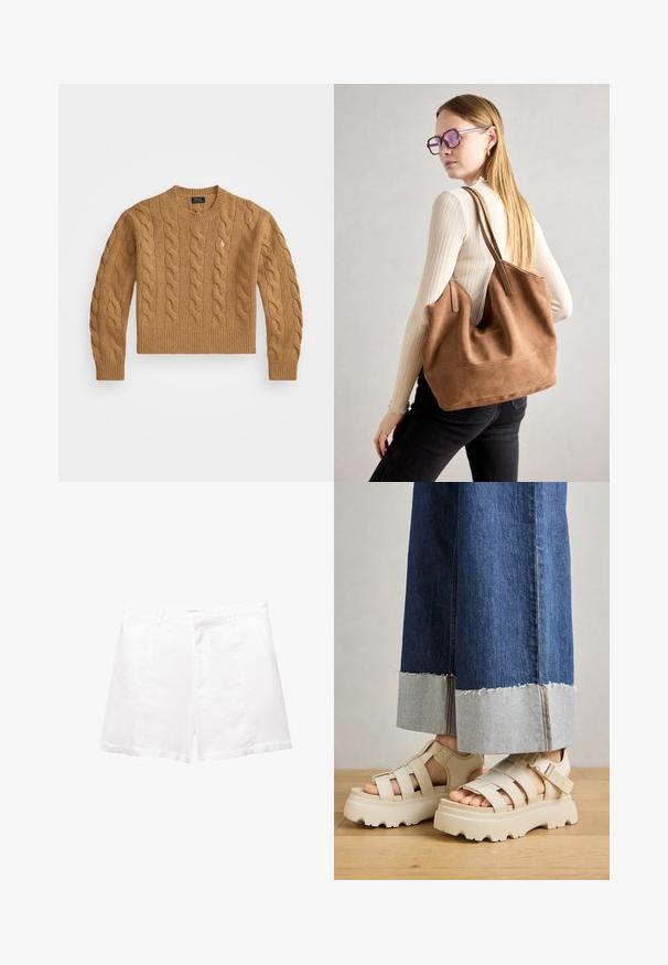 Rjava pletena jopica z okroglim ovratnikom, rebrastimi manšetami in robom, z majhnim logotipom na prsih, izdelana iz teksturirane tkanine.; Bela bombažna kratka hlače z natančnim krojem, ki vključujejo sprednje žepe, zadrgo in ravno pas. Gladka tekstura, brez vidnih vzorcev.; Bež platformske sandale s debelimi podplati imajo trakove in nastavljive gležnjske trakove. Ustrezajo širokim jeans hlačam, pri katerih je eden robov razfrčan.; Rjava semišna torba z mehko teksturo, velikim odprtjem in dolgimi ročaji. Ima preprost dizajn z vidnim šivanjem in brez okovja.