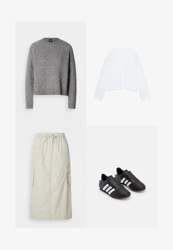 Siv je pleteni pulover s okroglo odprtino za vrat, dolgimi rokavi ter rebrastimi manšetami in robom. Mehka tekstura; minimalistična zasnova brez vzorcev ali poudarkov.; Dolgim rokavom bel cropped majica, izdelana iz mehkega materiala, ima okroglo ovratnico in sproščen kroj z ovratniki na rokavih. Preprost in čist dizajn.; Svetlo bež krilo z delovnimi žepi, elastičnim pasom in vrvico, ki se ponaša z dvema stranskima žepoma in ravno krojenjem. Gladka tekstura materiala.; Črne nogometne čevlje z teksturiranim usnjenim zgornjim delom, ki vključujejo oblazinjeno sprednjo stran, tri bele črte na straneh in podplat iz gumijaste gume.