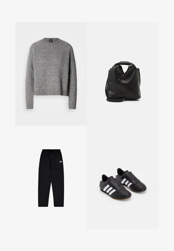 Gray knitted sweater with a round neck, long sleeves, and ribbed cuffs and hem. Soft texture; minimalist design without patterns or accents.; Long-sleeve white cropped t-shirt, made of soft fabric, features a round neck and relaxed fit with cuffed sleeves. Simple and clean design.; Black sweatpants made of soft fabric with an elastic waistband, drawstring, and side pockets. Features a small white logo on the thigh.; Black soccer shoes with a textured leather upper, featuring a padded front, three white stripes on the sides, and a gum rubber outsole.; Black, soft leather bag with a unique twisted design. Features a short handle and a detachable shoulder strap. Minimalist style.