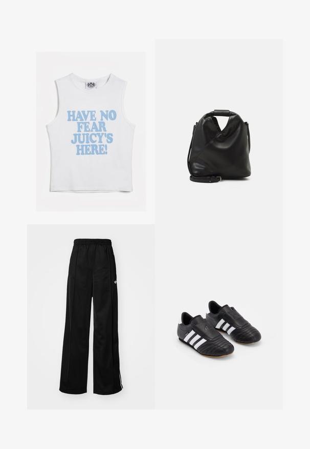 Gray knitted sweater with a round neck, long sleeves, and ribbed cuffs and hem. Soft texture; minimalist design without patterns or accents.; White sleeveless crop top featuring bold blue text that reads "HAVE NO FEAR JUICY'S HERE!" Soft cotton fabric with a round neckline.; Black wide-leg track pants with an elastic waistband, featuring white side stripes and a small logo on the left hip. Smooth fabric texture.; Black soccer shoes with a textured leather upper, featuring a padded front, three white stripes on the sides, and a gum rubber outsole.; Black, soft leather bag with a unique twisted design. Features a short handle and a detachable shoulder strap. Minimalist style.