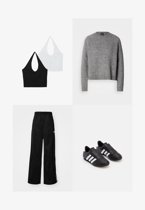 Gray knitted sweater with a round neck, long sleeves, and ribbed cuffs and hem. Soft texture; minimalist design without patterns or accents.; Two halter tops in black and white. Black top has a deep cutout, while the white top has a similar design, both made from soft fabric.; Black wide-leg track pants with an elastic waistband, featuring white side stripes and a small logo on the left hip. Smooth fabric texture.; Black soccer shoes with a textured leather upper, featuring a padded front, three white stripes on the sides, and a gum rubber outsole.