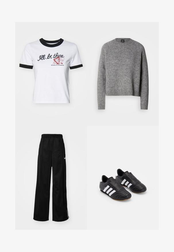 Gray knitted sweater with a round neck, long sleeves, and ribbed cuffs and hem. Soft texture; minimalist design without patterns or accents.; White cotton t-shirt with black ribbed collar and cuffs. Features text "I'll be there" and a graphic design with a harp.; Black wide-leg track pants with an elastic waistband, featuring white side stripes and a small logo on the left hip. Smooth fabric texture.; Black soccer shoes with a textured leather upper, featuring a padded front, three white stripes on the sides, and a gum rubber outsole.