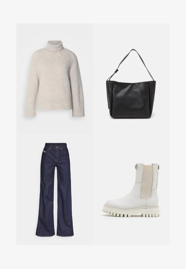 Suéter de cuello alto gris claro hecho de tejido texturizado. Cuenta con un cuello y puños de canalé, y un pequeño detalle del logo en el dobladillo.; Vaqueros de pierna ancha de color azul oscuro, fabricados en denim, con cintura alta, costuras naranjas, diseño de cinco bolsillos y cierre de botón.; Bronx GROOV-Y - Botines con plataforma - winter white; Calvin Klein GRACIE MEDIUM - Bolso de mano - black