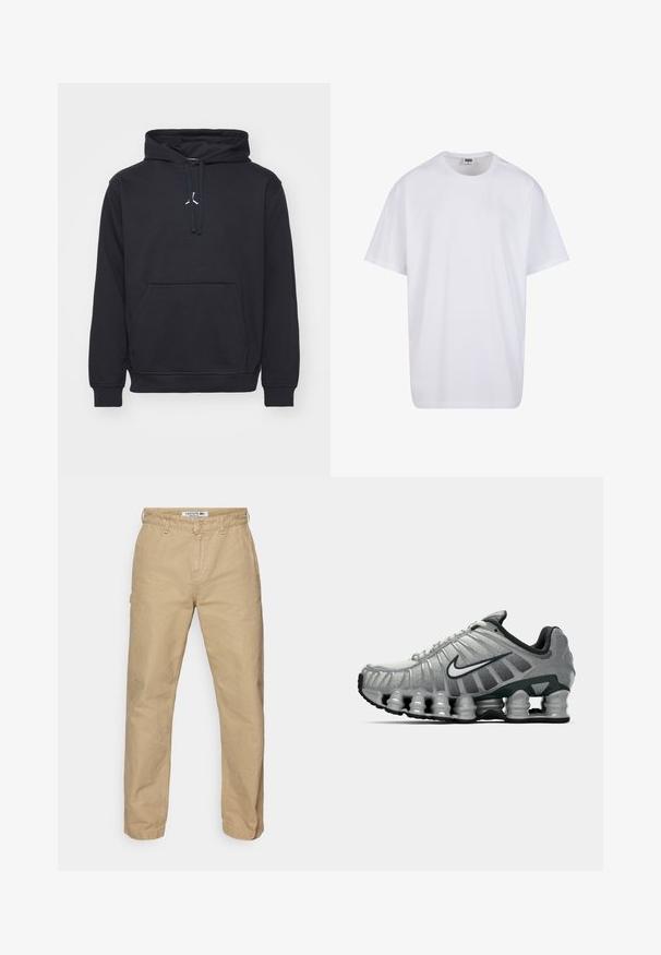 Must mustaga, mis on valmistatud puuvillasegust. Omab kaelusesse lõigatud taskut, soonikuid mansette ning väikest valget logo rinna kohal.; Valge puuvillane t-särk lühikeste varrukatega, ümmarguse kaelusega, lõdva lõikega ja ilma nähtavate logodeta või mustriteta. Sile tekstuur ja minimaalne disain.; Beežid, kerged puuvillased püksid sirge sääre kujundusega, millel on nööbilukuga kinnitamine ja kerge tekstuur. Lacoste logo vöökohal.; Hallikas ja must Nike jooksutoss, mille all on näha kevadelik ammortiseerimine ja külje peal on valge sarnase logo.