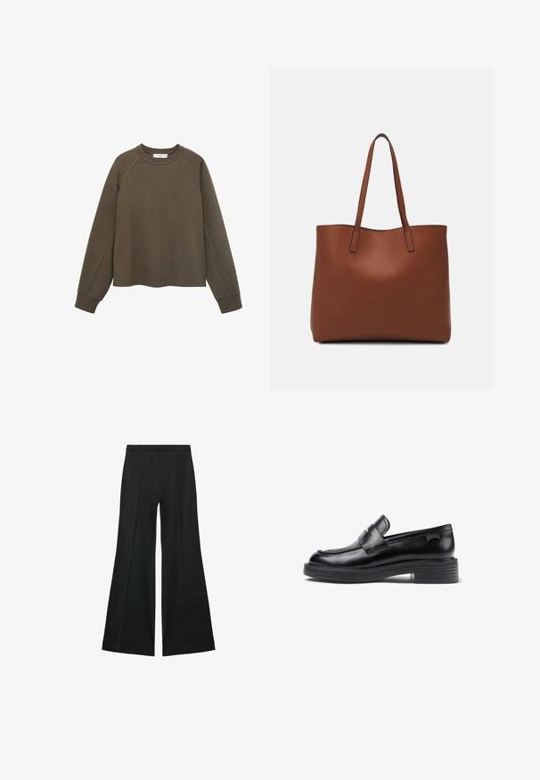 Olive green sweatshirt with a round neckline, raglan sleeves, and a cropped hem. Made from soft fabric with a smooth texture.; Black wide-leg pants with a smooth texture, featuring front pleats and a tailored design. The fabric is lightweight and flowy.; Black leather loafers with a rounded toe, featuring a stitched design and a chunky rubber sole. Accented with a decorative strap.; Brown leather tote bag with a smooth texture, open top design, and two shoulder straps. Features minimal stitching and no visible hardware.