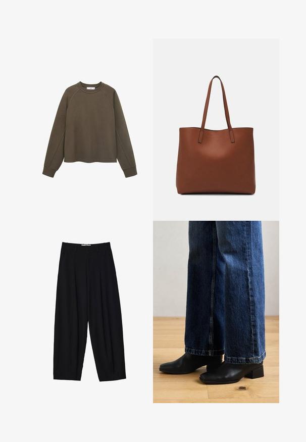 Olivgrön sweatshirt med rund halsringning, raglanärmar och kort längd. Tillverkad av mjukt tyg med en slät textur.; Svarta vida byxor i lätt tyg, med framfållningar, en klassisk midja och sidofickor. Slät textur.; Svarta läderankelboots med fyrkantiga tår och låga blockklackar, kombinerade med vida blå denimjeans, på ett trägolv.; Brun läder tote-väska med en slät textur, öppen toppdesign och två axelremmar. Har minimal söm och ingen synlig metalldetalj.