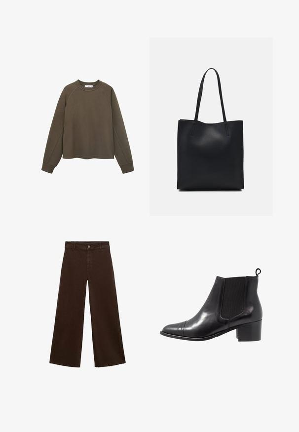 Pulover de culoare verde măslin cu decolteu rotund, mâneci raglan și margine scurtă. Fabricat dintr-un material moale cu o textură netedă.; Pantaloni largi maro dintr-un amestec de bumbac, cu un tiv desfăcut, închidere cu buton frontal și un design clasic cu cinci buzunare. Minimalist și versatil.; Botină din piele neagră, cu panouri elastice laterale, vârf rotund și toc texturat de tip bloc. Dispune de un mâner în formă de buclă în spate pentru a fi ușor de purtat.; Geantă tote neagră din piele, cu textură netedă, formă rectangulară și două mânere lungi. Fără hardware vizibil sau ornamente.