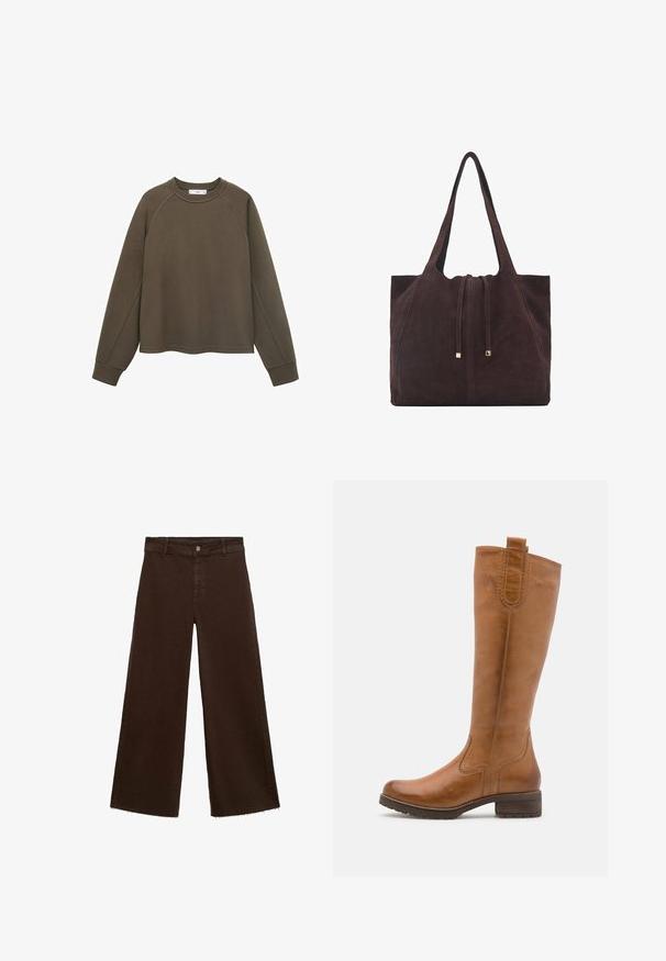 Olive green sweatshirt with a round neckline, raglan sleeves, and a cropped hem. Made from soft fabric with a smooth texture.; Brown wide-leg trousers in cotton blend, featuring a frayed hem, front button closure, and classic five-pocket design. Minimalistic and versatile.; Anna Field LEATHER - Boots - cognac; Mango Tote bag - dark brown