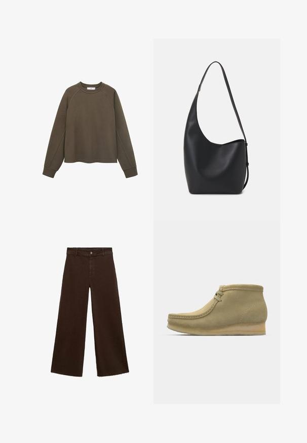 Sudadera verde oliva con cuello redondo, mangas raglán y dobladillo cortado. Fabricada con un tejido suave de textura lisa.; Pantalones de pierna ancha marrones en una mezcla de algodón, con un dobladillo deshilachado, cierre frontal de botón y diseño clásico de cinco bolsillos. Minimalistas y versátiles.; Botas de tobillo de ante beige con puntera redondeada, costuras mínimas, un tacón pequeño y un cierre con cordones para un ajuste ajustable.; Bolso tipo hobo de cuero negro con una textura suave, forma curvada y una sola correa ajustable; presenta una amplia apertura en la parte superior.