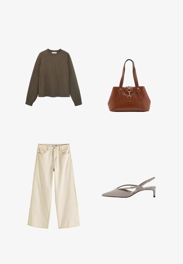 Oliwkowa bluza z okrągłym dekoltem, rękawami raglanowymi i skróconym dołem. Wykonana z miękkiego materiału o gładkiej fakturze.; Next - Jeansy Dzwony; Beżowe szpilki slingback z ostrym noskiem, cienkimi skrzyżowanymi paskami i niskim obcasem stiletto. Gładki materiał z akcentami w kolorze złota.; Brązowa skórzana torebka z podwójnymi uchwytami, okrągłym kształtem, złotymi okuciem i centralnym detalem z klamrą. Gładka tekstura z haftowanymi akcentami.