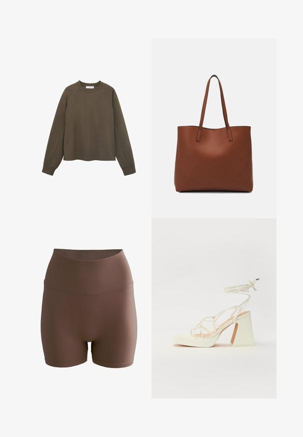 Pulover de culoare verde măslin cu decolteu rotund, mâneci raglan și margine scurtă. Fabricat dintr-un material moale cu o textură netedă.; aim’n® SHAPE SEAMLESS - Pantaloni scurți - brown; Sandale albe cu toc înalt și gros, cu un design cu curele și legătură la gleznă. Textură netedă, cu o platformă frontală pentru înălțime suplimentară.; Geantă de umăr din piele maro cu o textură netedă, design cu vârf deschis și două curele pentru umăr. Prezintă cusături minime și fără componente metalice vizibile.