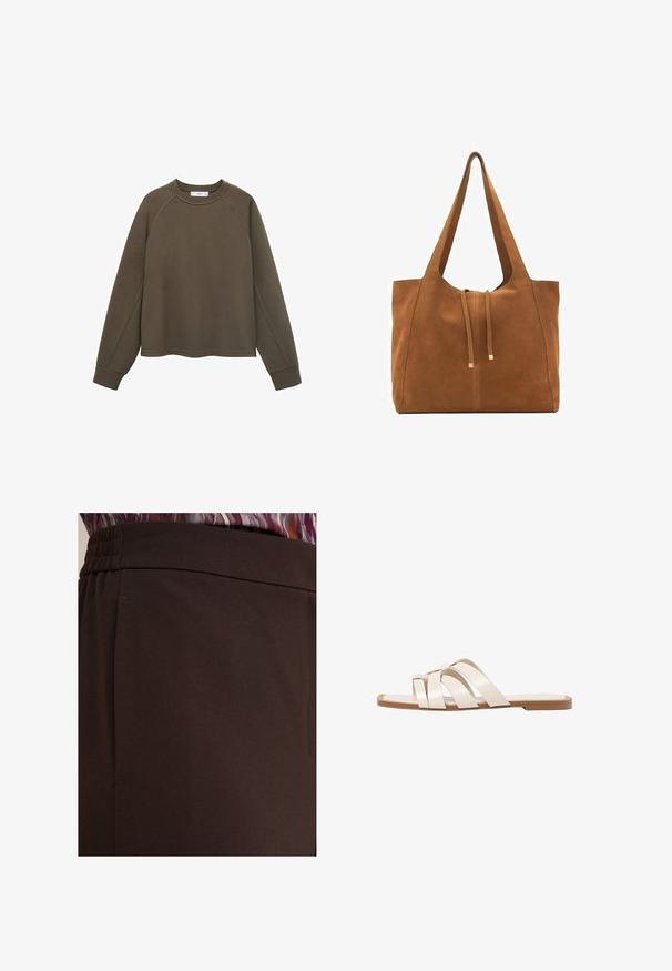 Olivno zelena majica s rundim izrezom, raglan rukavima i skraćenim rubom. Izrađena iz mekog materijala s glatkom teksturom.; Rjave hlače gladke teksture s pregibnim pasom in bočnim šivom. Prikaz v bližnjem načinu, ki poudarja draperijo tkanine in oblikovne podrobnosti.; Ravne sandale s svetlo rjavim gumijastim podplatom, zasnovane s tremi prekrivajočimi se belimi usnjenimi trakovi in majhnim lokom na sredini.; Rjava semiš torba z dvema dolgima ročajema, z vrvico za zapiranje in minimalističnim dizajnom. Gladka tekstura in brez vidnih kovinskih dodatkov.