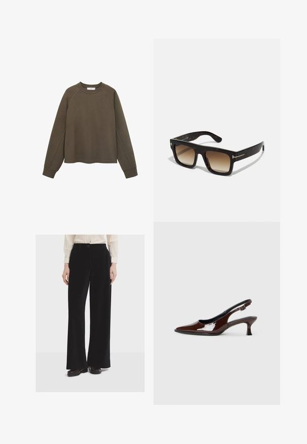 Olive green sweatshirt with a round neckline, raglan sleeves, and a cropped hem. Made from soft fabric with a smooth texture.; Black wide-leg trousers made from soft fabric, featuring front pockets, a button closure, and a smooth texture.; Brown patent leather slingback shoe with a pointed toe and a moderate heel. Features a buckle strap for secure fit. Smooth texture.; Tortoiseshell sunglasses with a square frame, gradient brown lenses, and subtle gold hardware accents on the temples.