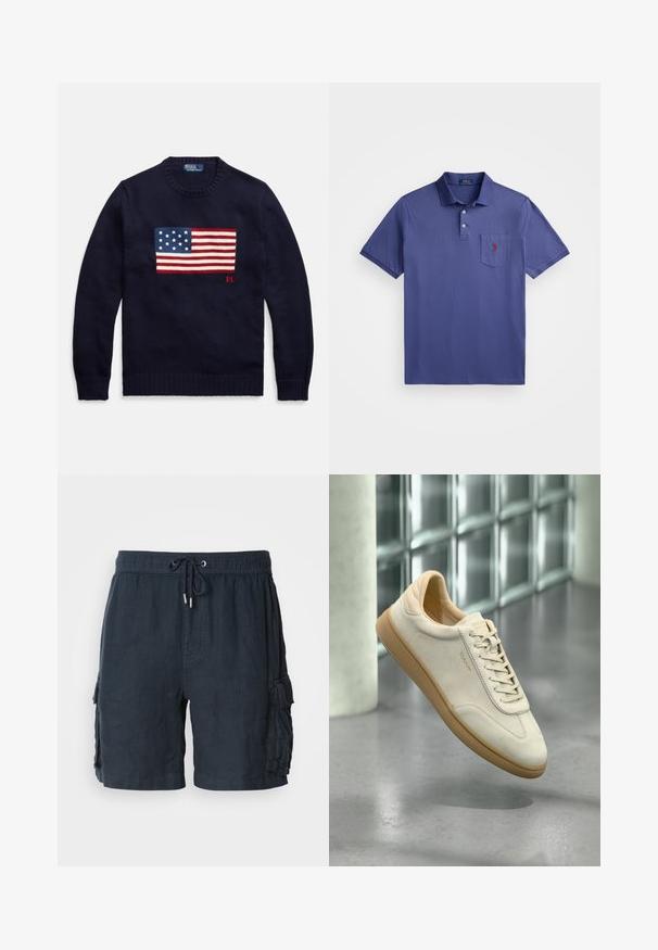 Tumesinist värvi kootud kampsun, millel rindkerel on kujutatud kootud Ameerika lipu muster, punaste ja valgete triipude ning valgete tähtedega sinisel taustal.; Lilla polo särk, mis on valmistatud puuvillast, kolme nööbiga kaelusega, lühikeste varrukatega ja rinnataskuga, millel on punane logo tikand.; Meeste tume merevaigukollane cargo lühikesed püksid, valmistatud kergetest kangast, millel on elastne vöökoht ja pael, ning kaks küljetaskut.; Beežist seemisnahast vabaajajalats tekstuurse kummist tallaga. Varustatud sirgete paelte, ümarate varvaste ja peene külje peal oleva brändinguga. Kerge polsterdusega kaelus.