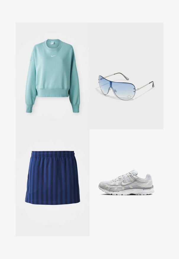 Heledane teal'i värvi lühikeses sweatshirt'is on pehme kangas, ribatud äär ja pikad varrukad, rinnal valge Nike'i logo.; Tumedate sinine seelik vertikaalsete triipudega, elastne vöökoht, keskmise reie pikkus, valmistatud kergetest kangastest, sile tekstuur.; Heledad hallid spordijalatsid, millel on sidesilmustega ja sünteetilisest ülemisest osa, pehme krae ning tekstuuriga põhi, mis tagab haarduvuse.; Aviatori prillid, millel on gradient sinine objektiiv, hõbedane metallraam ja dekoratiivsed staaraktsendid objektiivil. Sujuv ja stiilne disain.
