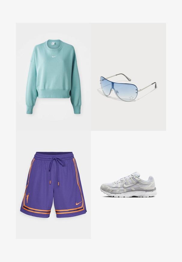 Svetlo zelený skrátený sveter vyrobený z mäkkej tkaniny, s rebrovaným lemom, dlhými rukávmi a bielou logom Nike na prsiach.; Fialové športové šortky s oranžovými akcentmi, s pásom na stiahnutie, bočnými pruhmi a siluetou loga. Vyrobené z priedušného materiálu.; Svetlo šedé športové topánky s vrchom z ďalekého a syntetického materiálu, so šnurovacím uzáverom, polstrovaným golierom a štruktúrovanou podrážkou pre lepšiu priľnavosť.; Pilotné slnečné okuliare s prechodovým modrým sklom, strieborným kovovým rámom a ozdobnými hviezdičkovými akcentmi na sklách. Hladký a elegantný dizajn.; Strieborné kruhové náušnice s hladkým, lesklým povrchom. Kolový tvar a bezpečné klikanie na uzatváranie. Ľahký dizajn vhodný na každodenné nosenie.