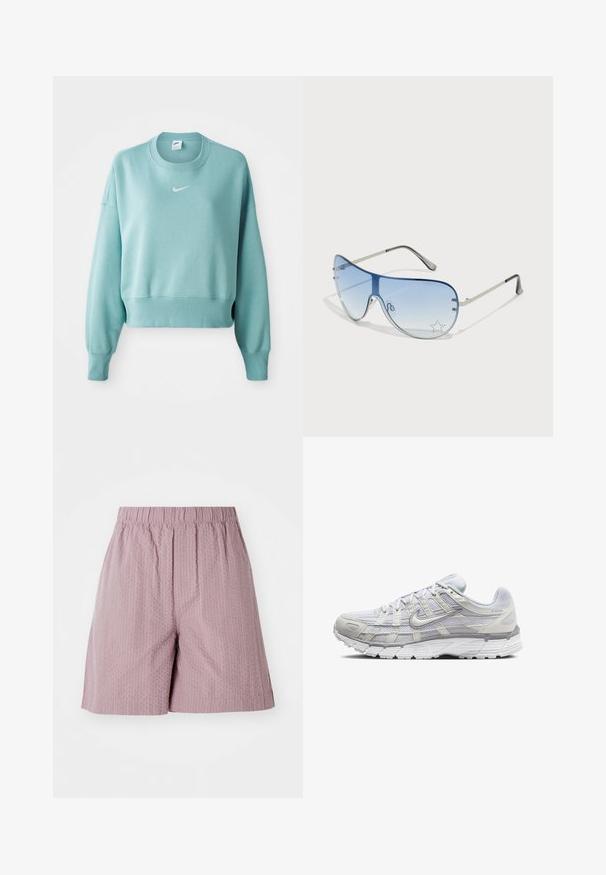 Vaaleansininen lyhyt huppari, joka on valmistettu pehmeästä kankaasta. Siinä on ribbausaineen reunus, pitkät hihat ja valkoinen Nike-logo rinnassa.; Vaaleanpunaiset shortsit, jotka on valmistettu teksturoidusta kankaasta, joissa on joustava vyötärö ja suora leikkaus. Niissä on hillitty kuvio ja siisti helma.; Vaaleanharmaat urheilukengät, joissa on verkkomateriaali ja synteettinen päällinen. Varusteena on narutettavuus, pehmustettu nilkkaosa ja uritettu pohja pidon parantamiseksi.; Aviator-mallin aurinkolasit, jotka ovat varustettu gradienttisilla sinisillä linsseillä, hopeisella metallikehyksellä ja koristeellisilla tähtikoristeilla linsseissä. Joustava ja viehättävä muotoilu.