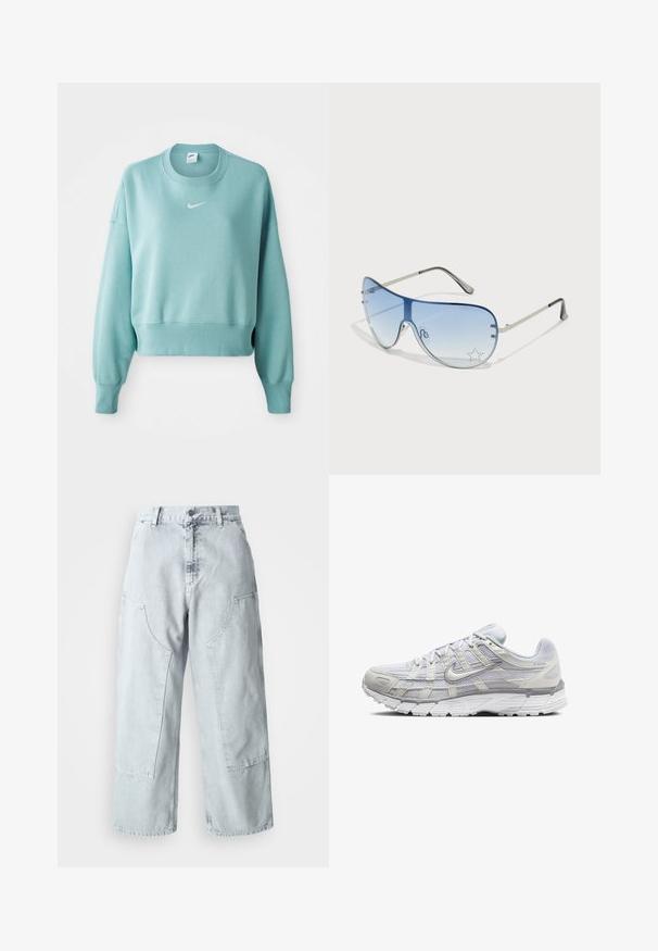 Sudadera corta de color teal claro, hecha de un tejido suave, con un dobladillo acanalado, mangas largas y un logo de Nike blanco en el pecho.; Pantalones de denim de tiro alto y pernera ancha en azul claro, con grandes bolsillos laterales y un ajuste holgado. Textura desgastada con un acabado desvanecido.; Zapatillas deportivas de color gris claro con una parte superior de malla y sintético, que cuentan con un cierre de cordones, collar acolchado y suela texturizada para mayor agarre.; Gafas de sol tipo aviador con lentes azul degradado, montura de metal plateado y acentos decorativos de estrellas en los lentes. Diseño suave y elegante.