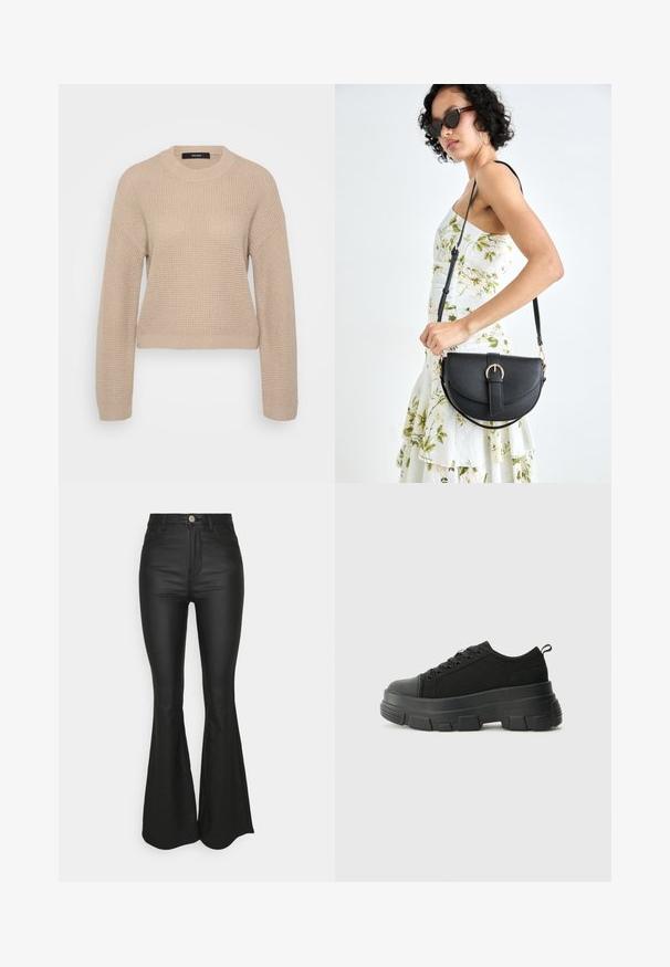 Bežinės spalvos megztinis su apvalia iškirpte, ilgomis rankovėmis ir sutrumpintu siluetu. Audinys turi švelnų raštuotą paviršių.; Juodi išplatinti džinsai pagaminti iš lygaus, tampraus audinio. Aukšta juosmens konstrukcija su priekiniais mygtukais ir užtrauktuku.; Juodos sportinės bateliai su stambiu guminiais padu, tekstūrizuotu audinio viršumi, apvaliu pirštu ir raištelių uždarymu. Yra sutvirtinti akių angos ir nugaros kilputė.; Juodas odinis krepšys su išlenkta forma, nuimamu dirželiu ir auksiniais detalėmis. Krepšys turi kilpą su sagtimi.