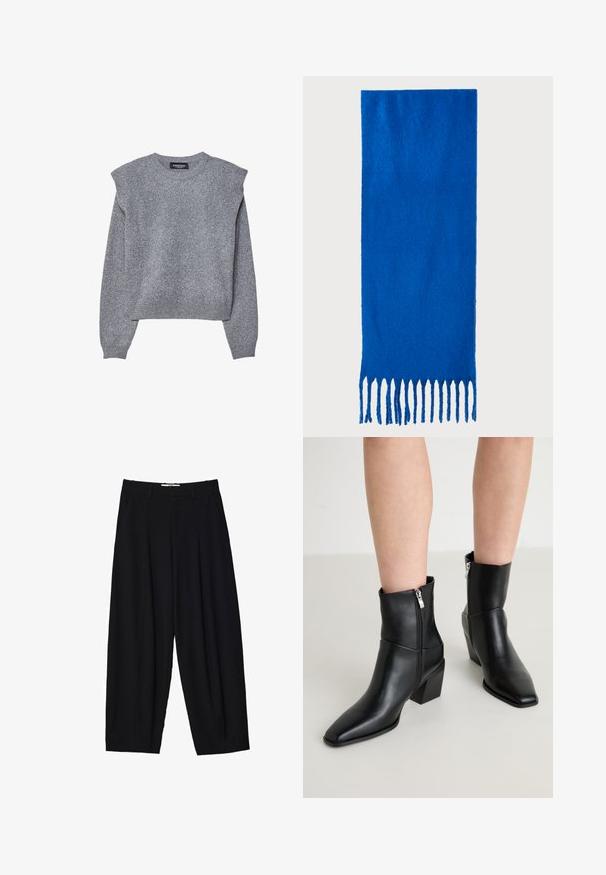 Grå långärmad stickad tröja med vadderade axlar, rund halsringning samt ribbade manschetter och nederkant.; Svarta vida byxor i lätt tyg, med framfållningar, en klassisk midja och sidofickor. Slät textur.; RAID MEDUSA - Stövletter - black; Blå fransad scarf gjord av mjukt tyg; har en enhetlig färg med en texturerad yta och jämnt klippta fransar i botten.; Svart tote-väska i slät läder, med en böjd, öppen topp, två axelremmar och en minimalistisk design.