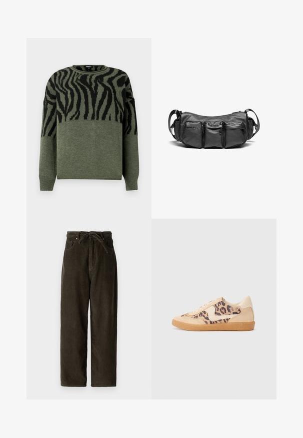Suéter de estampado de cebra en verde oscuro y negro, textura de punto, cuello redondo, mangas largas, con diseño contrastante en la sección superior.; Pantalones de pana verde oscuro con pierna ancha, cinturilla con cordón, dos bolsillos delanteros y una tela suave y texturizada.; Zapatillas de leopardo con parte superior de ante beige, suela de goma marrón y acentos blancos. Punta redonda y diseño con cordones con un acabado texturado.; Bolso cruzado de cuero negro con un acabado texturizado. Presenta tres bolsillos exteriores y una correa ajustable. Forma compacta y redondeada.