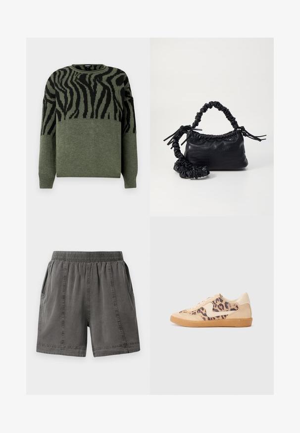 Zebra-muster Pullover in Dunkelgrün und Schwarz, gestrickte Textur, Rundhalsausschnitt, lange Ärmel, mit kontrastierendem Design im oberen Bereich.; Graue Baumwollmischung-Shorts mit elastischem Bund, Seitentaschen und gestickten Details entlang der Nähte. Weiche Textur und lässige Passform.; Löwenmuster-Sneaker mit beige Wildleder-Obermaterial, tanfarbener Gummisohle und weißen Akzenten. Runde Zehenform und Schnürdesign mit strukturiertem Finish.; Schwarze Handtasche aus Kunstleder mit Krokodilstruktur, gerafftem oberen Teil und einem geschoppten Tragegurt. Sie wirkt weich und kompakt im Design.