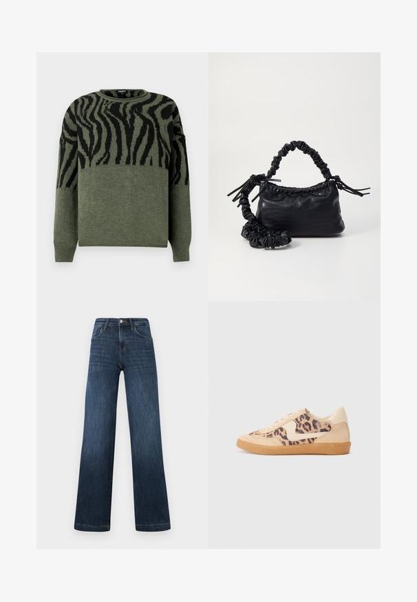 Zebra-patterned sweater in dark green and black, knit texture, crew neck, long sleeves, featuring contrasting design on upper section.; Dark blue denim jeans with a wide-leg design, featuring five pockets and a front button closure. Smooth texture and classic stitching details.; Leopard print sneakers with beige suede upper, tan rubber sole, and white accents. Round toe and lace-up design with a textured finish.; Black faux leather handbag with a crocodile texture, cinched top, and a scrunched strap. Appears soft and compact in design.