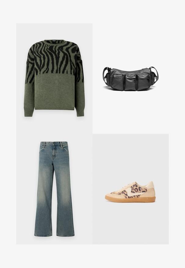 Suéter de estampado de cebra en verde oscuro y negro, textura de punto, cuello redondo, mangas largas, con diseño contrastante en la sección superior.; Jeans de mezclilla anchos de color azul con diseño clásico de cinco bolsillos y cierre de botón y cremallera, con detalles de lavado desgastado en los muslos y las rodillas.; Zapatillas de leopardo con parte superior de ante beige, suela de goma marrón y acentos blancos. Punta redonda y diseño con cordones con un acabado texturado.; Bolso cruzado de cuero negro con un acabado texturizado. Presenta tres bolsillos exteriores y una correa ajustable. Forma compacta y redondeada.