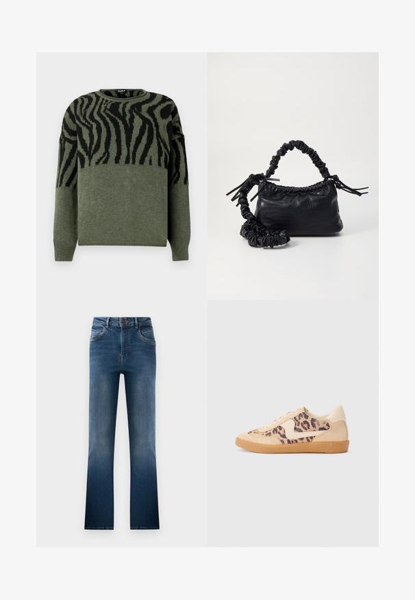Sweater com padrão de zebra em verde escuro e preto, textura em malha, decote redondo, mangas longas, apresentando um design contrastante na seção superior.; Calças de ganga largas em azul escuro, com um efeito desbotado, cinco bolsos e passantes para cinto. Design clássico com fecho frontal por botão.; Sapatilhas com padrão de leopardo, parte superior em camurça bege, sola de borracha castanha e detalhes brancos. Bico redondo e design com atacadores, com um acabamento texturizado.; Bolsa de mão em couro sintético preto com textura de crocodilo, topo franzido e alça enrugada. Apresenta um design suave e compacto.