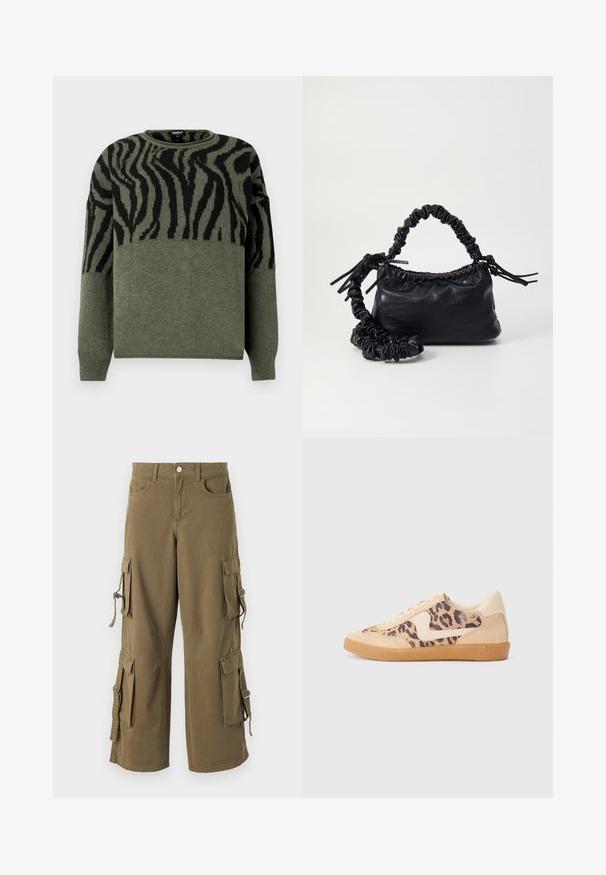 Sweater com padrão de zebra em verde escuro e preto, textura em malha, decote redondo, mangas longas, apresentando um design contrastante na seção superior.; Calças de carga em algodão verde-oliva. Apresentam múltiplos bolsos laterais, cordões ajustáveis e um corte largo. Textura suave com detalhes cosidos.; Sapatilhas com padrão de leopardo, parte superior em camurça bege, sola de borracha castanha e detalhes brancos. Bico redondo e design com atacadores, com um acabamento texturizado.; Bolsa de mão em couro sintético preto com textura de crocodilo, topo franzido e alça enrugada. Apresenta um design suave e compacto.
