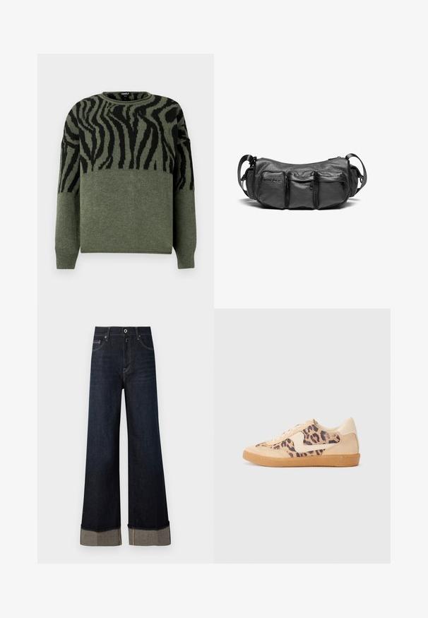 Randig zebra-mönstrad tröja i mörkgrön och svart, stickad textur, rund halsringning, långa ärmar, med kontrasterande design på den övre delen.; Mörkblå högmidjade vida jeans med rå kant, som har ljusbruna sömmar och en vikt mudd som avslöjar kontrasterande tyg.; Leopardmönstrade sneakers med överdel i beige mocka, tan gummisula och vita detaljer. Rund tå och snörning med en strukturerad finish.; Svart läder crossbody-väska med en texturerad yta. Har tre ytterfickor och en justerbar rem. Kompakt, rund form.