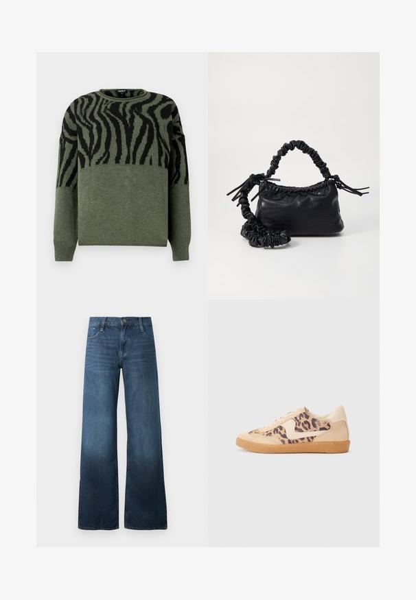 Sötétzöld és fekete zebramintás pulóver, kötött textúrával, kerek nyakkal, hosszú ujjal, a felső részen kontrasztos dizájnnal.; Sötétkék, bő szárú farmernadrág, magas derekú, öt zsebes kialakítással, enyhe kopással az alján. Standard gombos zárás.; Leopárdmintás sportcipő bézs velúr felsőrésszel, világosbarna gumitalppal és fehér kiegészítőkkel. Kerek orr, fűzős kialakítás, és textúrázott felület jellemzi.; Fekete műbőr kézi táska krokodil bőr textúrával, összehúzható tetejű és gyűrt pánttal. Lágy és kompakt dizájnúnak tűnik.