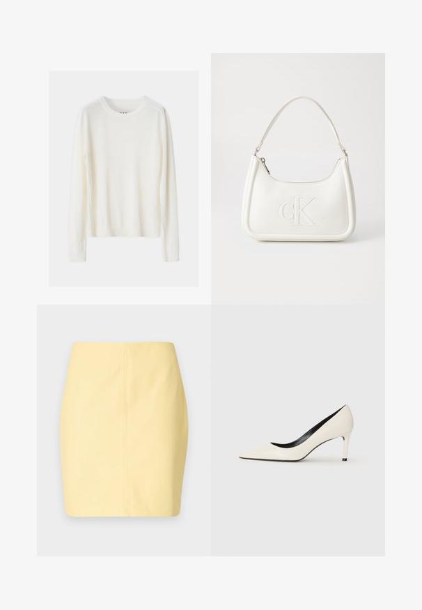 Sweater leve, de cor creme, com mangas longas, gola e barra inferior caneladas, feito de um material de malha suave, apresentando um design simples.; Mini saia amarela com uma textura suave e um corte justo, apresentando um design limpo e detalhes de costura mínimos.; Sapatilha alta em couro sintético branco com bico fino, salto esbelto e detalhes interiores em preto. Textura suave e design elegante.; Mala de mão branca em pele com uma forma curva, apresentando um logo "CK" em relevo na frente e uma alça de ombro única. Fecho com zíper na parte superior.