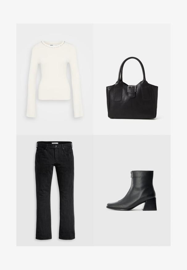 Ráncos fehér hosszú ujjú pulóver, amely testhez simuló szabással és díszes nyakkal rendelkezik, kisebb átlátszó gyöngyökkel a gallér mentén.; Fekete farmernadrág egyenes szabással, klasszikus öt zsebes dizájnnal, finom függőleges textúrával és elől gombos záródással.; Fekete bőr bokacsizma négyzetes orral, oldalsó cipzárral és tömbsarkal, egyszínű világos háttér előtt.; Fekete bőr bevásárlótáska sima textúrával, strukturált formával, két fogantyúval és egy figyelemfelkeltő ezüst csattal az elején.
