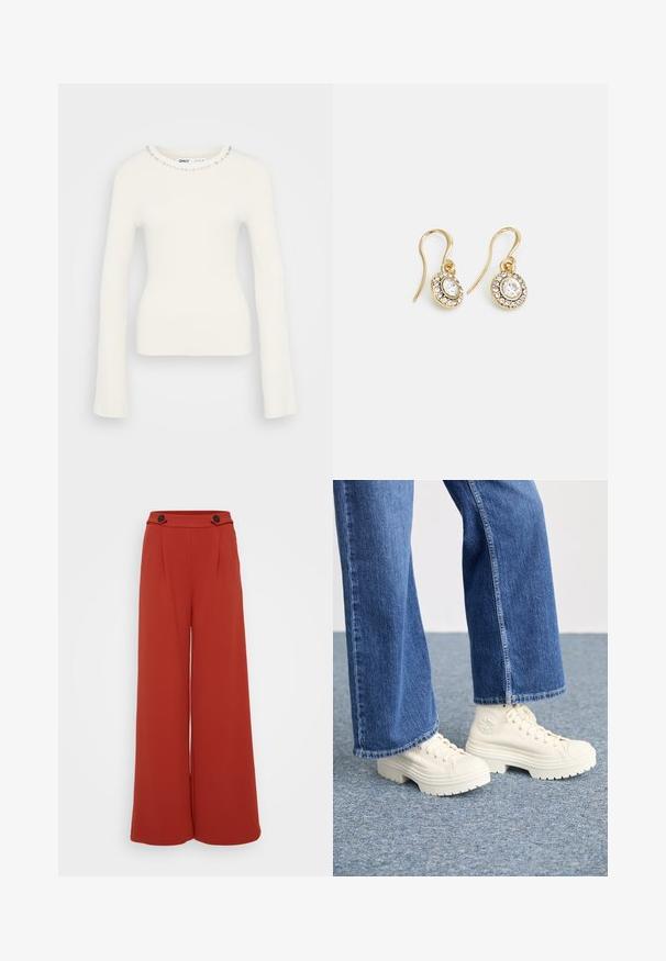 Rebrast pulover z dolgimi rokavi v beli barvi z prilegajočo silhueto in okrašenim izrezom, ki vsebuje majhne prozorne dragulje po ovratniku.; Hlače širokih nogavic iz globoko rdeče-oranžne tkanine. Imajo dva sprednja pregiba in dva gumba na pasu. Gladek material, sproščen dizajn.; Bele zimske superge z debelimi, rebrastimi podplati in krožnim logotipom, oblečene z svetlo modrimi, širokimi kavbojkami.; Zlato obarvani uhani z ovalnimi prozornimi kristali, ki jih obdajajo manjši prozorni kamenčki, s sistemom za oblačenje za varno nošenje.