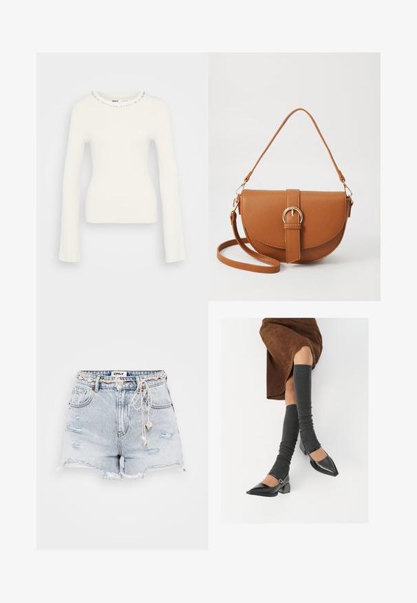 Ribbade vita långärmade tröja med en figursydd silhuett och utsmyckad halsringning med små klara stenar längs kragen.; Ljusblå denimshorts med fransade kanter, slitna detaljer, justerbar beige dragsko och en märkesetikett på midjebandet.; Svarta lackläderskor med spetsig tå, blockklack och ankelrem, i kombination med grå ribbade benvärmare och en brun mockakjol.; Brun läder crossbody-väska med en böjd form, gyllene detaljer och en spänneaccent. Har en avtagbar axelrem.