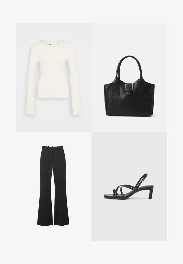 Biała, prążkowana, długosleeve sweter o dopasowanej sylwetce i ozdobnym dekolcie z małymi, przezroczystymi kamieniami wzdłuż kołnierza.; Czarnie rozszerzane spodnie wykonane z gładkiego materiału. Posiadają dwie tylne kieszenie oraz szlufki na pasek, a ich szerokie nogawki zwężają się w talii.; Czarne sandały na obcasie z prostokątnym noskiem i niskim słupkowym obcasem. Posiadają wiele cienkich pasków i regulowany pasek na kostkę. Wykonane z gładkiej skóry.; Czarna skórzana torba tote o gładkiej fakturze, usztywnionym kształcie, dwóch uchwytach oraz wyraźnym srebrnym zapięciu na przodzie.