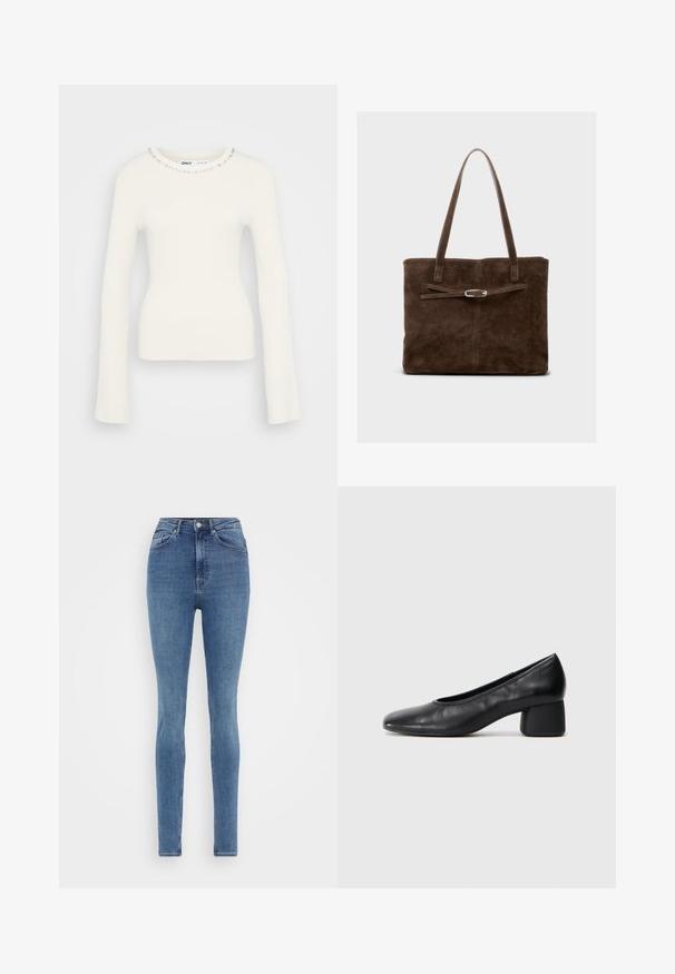 Teksast ribaga valge pikakäe jooksul elastses silueti ja kaunistatud kaelusega, mille küljes on väikesed selged vääriskivid kaeluse ääres.; Kitsad teksad keskmise sinise denimi värviga, millel on kõrge talje, viie taskuga disain ja sile tekstuur. Klassikaline õmblemine ja nööbiga sulgemine.; Must musta kingadega, ümarate varvaste ja keskmise plokknõrga. Sile tekstuur, minimaalse kaunistusega, kergelt elastse avaga.; Pruun suede'ist kott pikade käepidemetega, millel on lame keha ja dekoratiivne rihm hõbedaste detailidega.