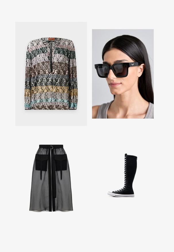 Pletený polo sveter s viacfarebným zigzag vzorom, so čiernym golierom a gombíkovou légou. Mäkko na dotyk, s dlhými rukávmi a rebrovanými manžetami.; Sveter s dlhým rukávom s horizontálnymi cik-cak prúžkami v čiernej, ružovej, zelenej, hnedej, sivej, žltej a tyrkysovej farbe, s čiernym viazaním pri krku.; Hnedý golierový polokošeľ s viacfarebným vlnitým vzorom v odtieňoch hnedého, krémového a teracotta; päť gombíková légou; krátke rukávy.; Čierna priesvitná sukňa s naťahovacím pásom, ktorá má dve veľké predné vrecká, opasok na viazanie a kruhový kovový akcent.; Čierne vysoké tenisky s vysokým dizajnom, vyrobené z plátna. Majú biele šnúrky, švy a gumovú podrážku s ochranným krytom na špičke.; Čierne nadmerné slnečné okuliare so štvorcovými rámami, tmavými sklami a nenápadným detailom loga krídla na stranici. Majú textúrované akcenty na bokoch.; Čierna kožená kabelka s zakriveným dizajnom, doplnená striebornými cvočkami, prackou a dvoma bočnými vreckami. Nastaviteľný popruh poskytuje rôzne možnosti nosenia.