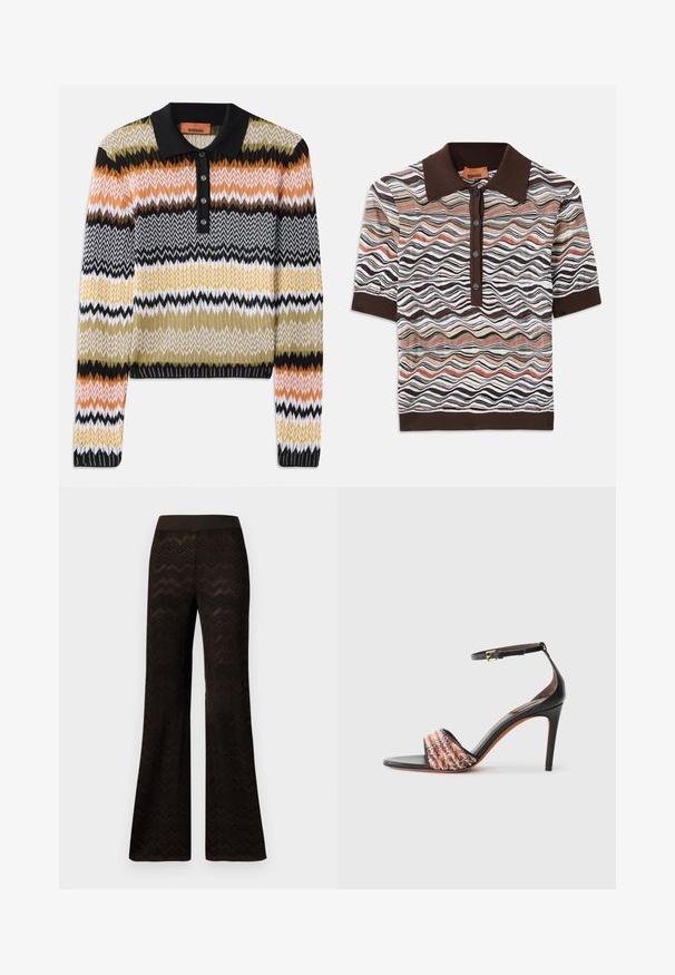 Sweter polo z dzianiny w wielokolorowy wzór zygzaków, z czarnym kołnierzykiem i listwą na guziki. Miękka faktura, długie rękawy i ściągacze przy mankietach.; Brązowa koszulka polo z wielokolorowym falistym wzorem w odcieniach brązu, kremu i terakoty; pięcioprzyciskowa listwa; krótkie rękawy.; Szerokie czarne spodnie z dzianinowym wzorem w zygzaki i elastycznym pasem, wyeksponowane na jednolitym białym tle.; Czarne sandały na obcasie z paskiem wokół kostki. Posiadają teksturowaną, wielokolorową tkaninę na palcach. Gładkie wykończenie ze skóry.