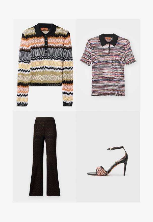 Pletený polo svetr v mnohobarevném zigzagovém vzoru, s černým límcem a knoflíkovou légou. Měkká textura s dlouhými rukávy a žebrovanými manžetami.; Missoni Polotričko - multicolor/red/pink/blu; Široké černé kalhoty s pleteným vzorem ve tvaru zigzagu a elastickým pasem, vystavené na čistém bílém pozadí.; Černé sandály na podpatku s páskem kolem kotníku. Mají texturovaný, vícebarevný pruh látky přes prsty. Hladký kožený povrch.
