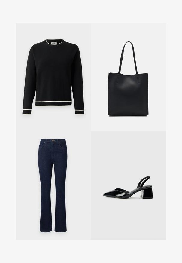 Černý svetr s dlouhým rukávem a kulatým výstřihem s bílým lemováním na límci, manžetách a spodním okraji, umístěný na čistém bílém pozadí.; Tmavomodré džíny s rozšířenými nohavicemi, pěti kapsami a knoflíkovým zapínáním v pase. Hladká textura s minimálním šitím.; Černé lakované kožené lodičky na pásku s špičatou špičkou a geometrickým blokovým podpatkem. Vyznačují se elegantním, minimalistickým designem a hladkým povrchem.; Černá kožená taška přes rameno s hladkým povrchem, obdélníkovým tvarem a dvěma dlouhými uchy. Žádné viditelné kování ani ozdoby.